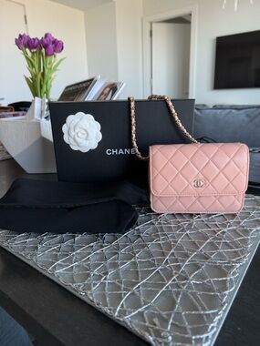 CHANEL Quilted Mini Chain Wallet in Blush Pink